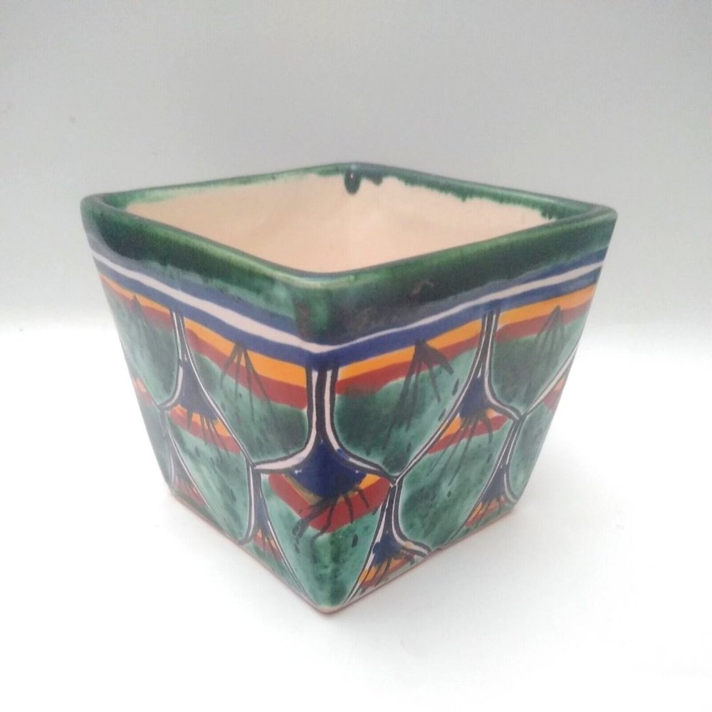4"Tall Square Planter Hand Painted Ceramic Flower/Succulent/Herbs Pot Drain Hole